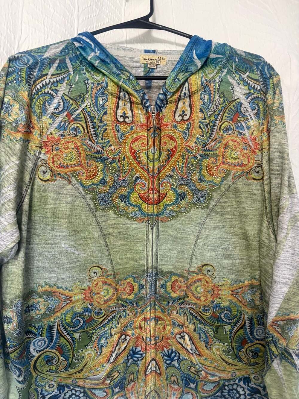 One World Live and Let Live Green Paisley Rhinestone Embellish Zip-Up Hoodie 3X